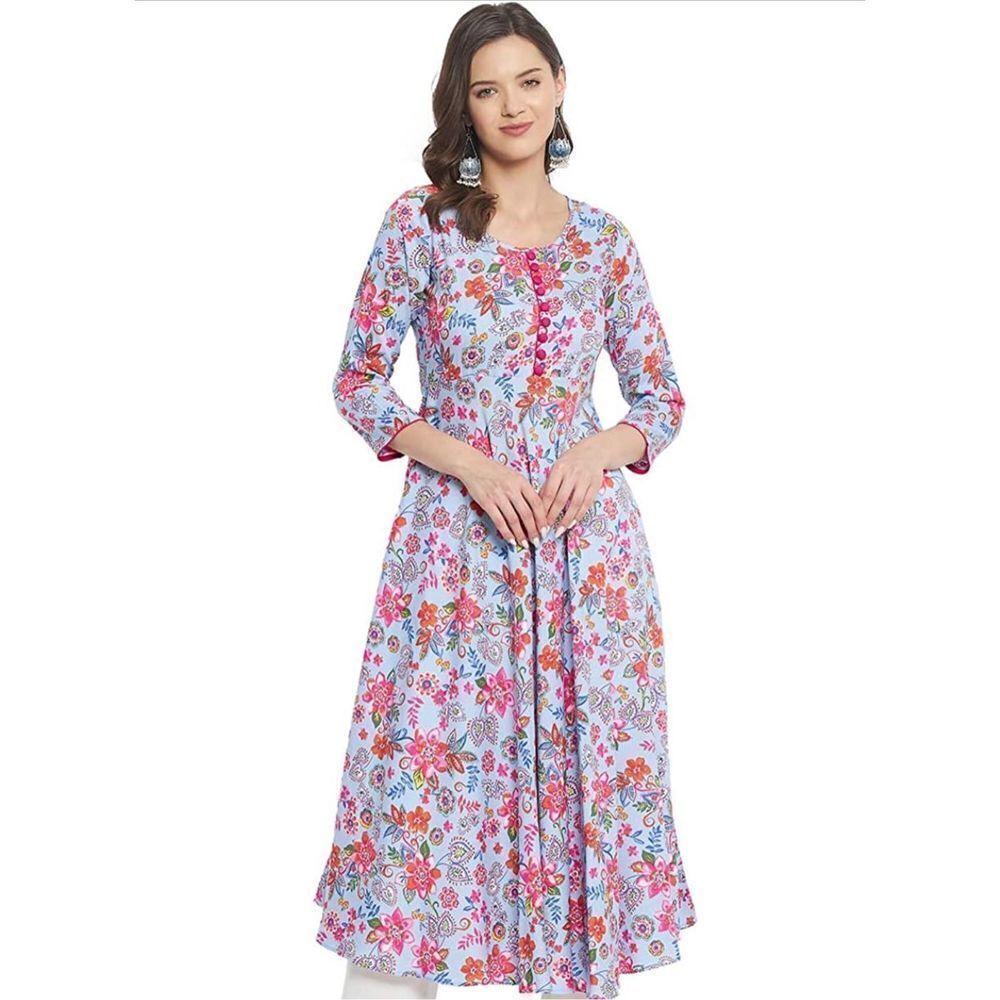 Tissu Women's Rayon Light Blue & Pink Printed A-Line Kurta 5XL